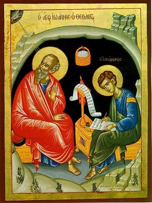 APOSTLE ΑΝD EVANGELIST SAINT JOHN THE THEOLOGIAN WITH SAINT PROCHORUS THE APOSTLE, IN CAVE, FULL BODY