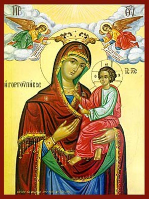 VIRGIN AND CHILD, HODEGETRIA, GORGOYPEKOOS WITH ANGELS 'THE QUICK HEARER OF MT. ATHOS'