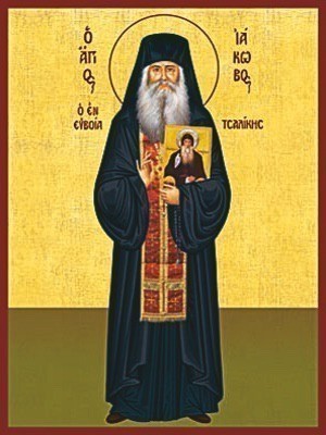 SAINT ZAMES TSALIKES, HOLDING THE ICON OF SAINT DAVID OF EUBOEA, FULL BODY